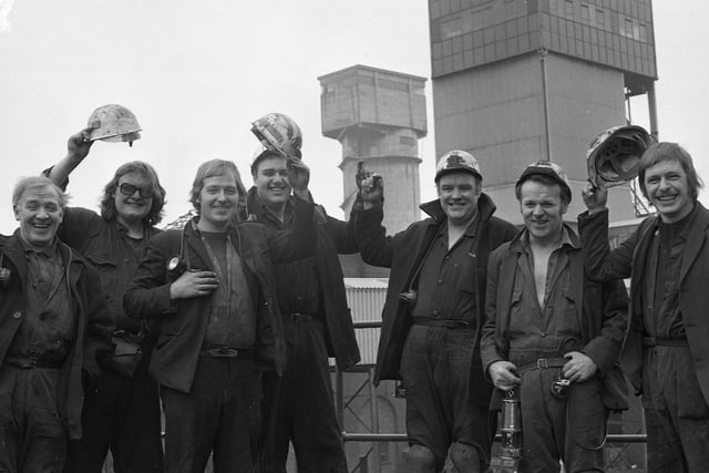 A cheer from Wearmouth Colliery deputies, overmen and electricians who were about to start their shift on the record-breaking H 35 coalface. The colliery had produced more coal in April 1975 than at any time in its history. Can you spot someone you know in this photo?