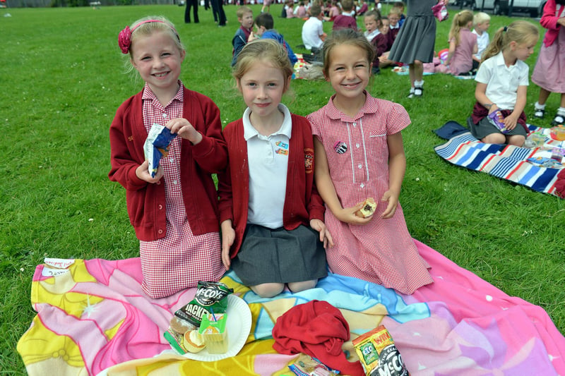 St Cuthberts Primary school pupils (left to right) Sophie Wayper, Bonnie Costello and Emily Hewitt at the schools 100th picnic. Remember this?