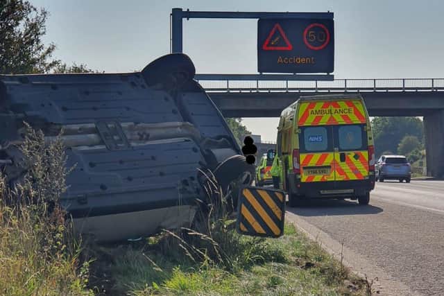 The vehicle was flipped upside down before officers and Highways England workers came to the driver's aid.