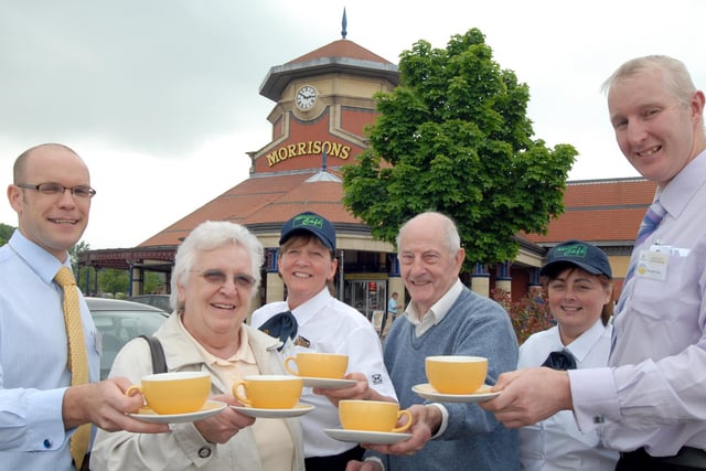 Norma, second, left and Frank Bell, third right, take a cup of tea to launch the Morrison's Charity of the year Help the Aged and Childline at the Bulwell store in 2008. Also pictured from the left are; John Buttler, Store Manager , Pam Simpson, cafe supervisor, Wendy Salmon, Cafe Manager and Graham Hare, Deputy Store Manager