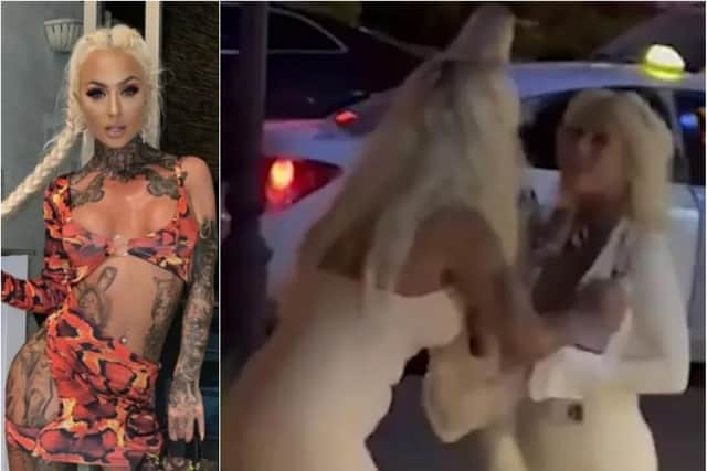 Doncaster glamour model Crystal Foster was filmed brawling with fellow model Beth Adams outside a club in Slovakia. (Photos: Instagram/The Sun).