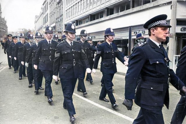 South Yorkshire Police officers in Sheffield city centre in 1975. Picture: Sheffield Newspapers