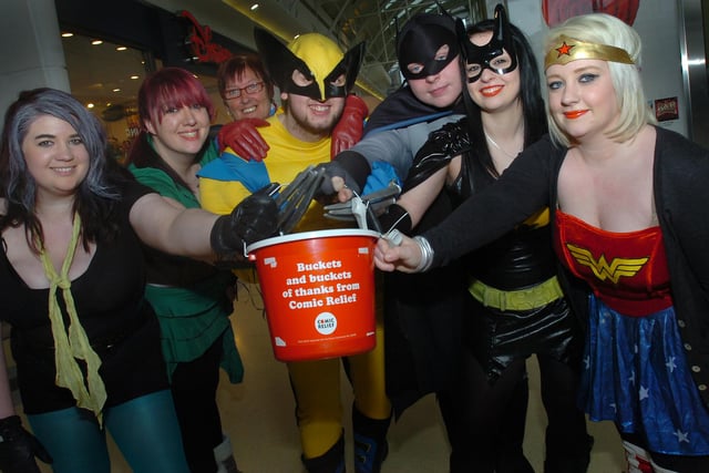 Staff from TK Maxx dressed up as superheroes to help launch their Comic Relief fundraising mission in the Bridges. But which year was this?