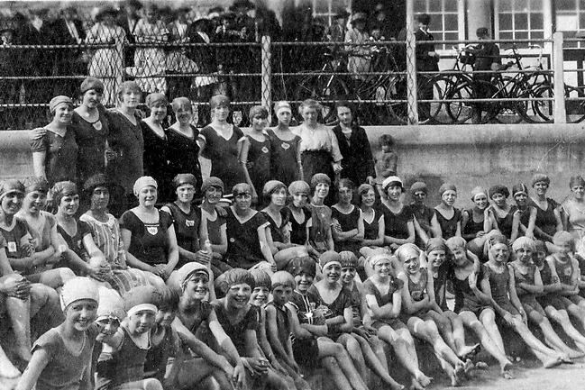 Members of a swimming club at the open air swimming pool A]at old Hartlepool. Photo: Hartlepool Library Service.
