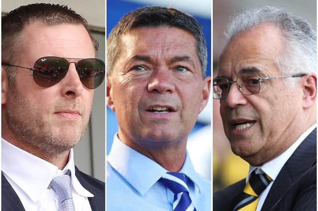 From left: Peterborough chairman Darragh MacAnthony, Pompey CEO Mark Catlin and Burton owner Ben Robinson.