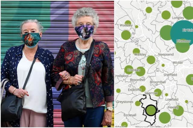 Shoppers wearing face masks pose in the city centre of Sheffield (Photo by Oli SCARFF / AFP) (Photo by OLI SCARFF/AFP via Getty Images) (Right) A map by ONS shows the number of deaths per ward across Sheffield.