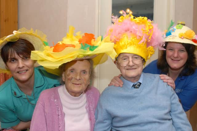 Easter bonnets at Kestral Lodge Kirkby in 2009. From left, Celia McNally, Rose Opie, James Summers and Vicki Eggleshaw