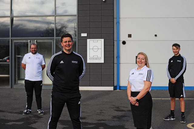 Front, Scott Marshall, Director, pictured with his wife and business partner Vicky. Back l-r Damo Quigley, Facilities manager and Tom Dunkerley, assistant manager. Picture: NSST-17-11-20-Kickabout 2-NMSY