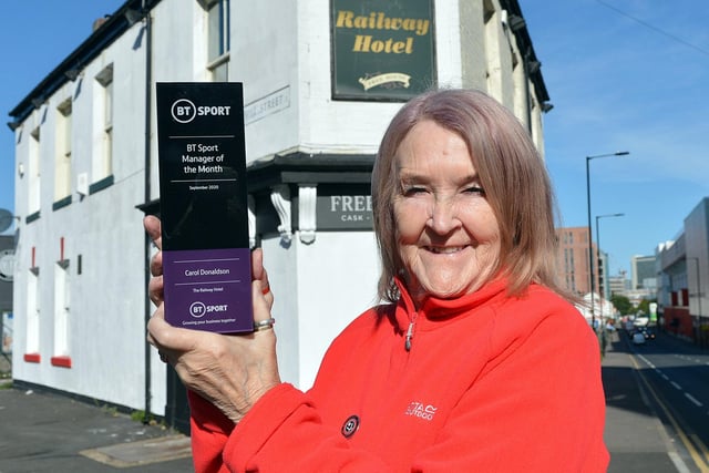 Carol Donaldson is the current landlady of the Railway Hotel pub on Bramall Lane, Sheffield, with the devoted Blades fan having taken over there in 2020. She is pictured here with her BT Sport pub manager of the month award in September 2020.