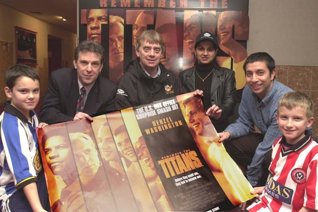 Pictured in January 2001at the Crystal Peaks UCI cinema supporting the antiracism in sport campaign with a preview of the  film TITANS are from left....Jack Bingham, Andy Pack (Sfld Utd)  Howard  Holmes (Kick Racism Out) Asia Gulzarr, Steve Chu (Sfld Wed) and Jonathan Coldicott