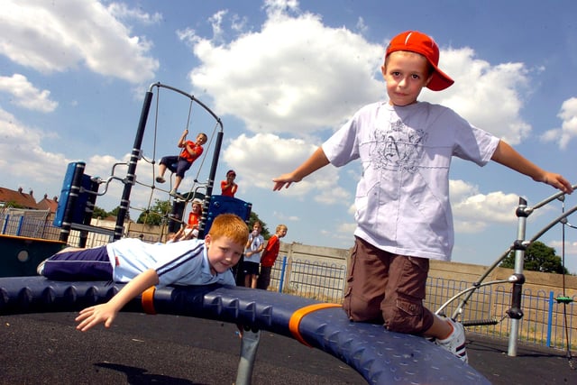 Askern Springs play area in Scawthorpe was officially been opened in 2003. Our picture shows Tyler Barnes, aged seven, of Carcroft, and Lewis Allen, also aged seven, of Scawthorpe, trying some of the play equipment.
