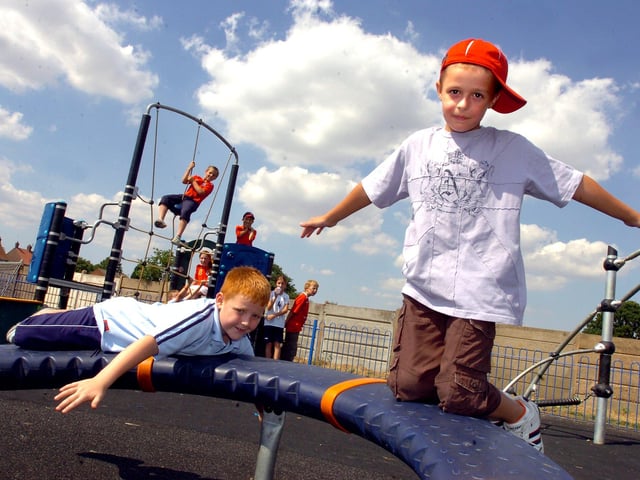 Askern Springs play area in Scawthorpe was officially been opened in 2003. Our picture shows Tyler Barnes, aged seven, of Carcroft, and Lewis Allen, also aged seven, of Scawthorpe, trying some of the play equipment.