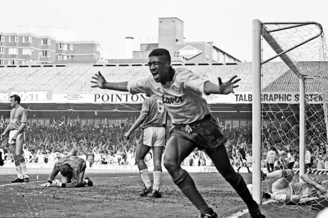 Brian Deane ecstatic after scoring and putting United firmly on the road to promotion in 1990 at Leicester