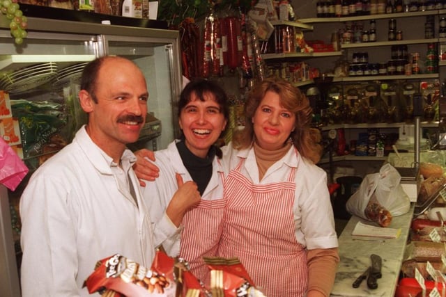 Scicluna Deli at Doncaster Market in 1996, Josie Cooke, owner centre, with assistants Neil and Anna