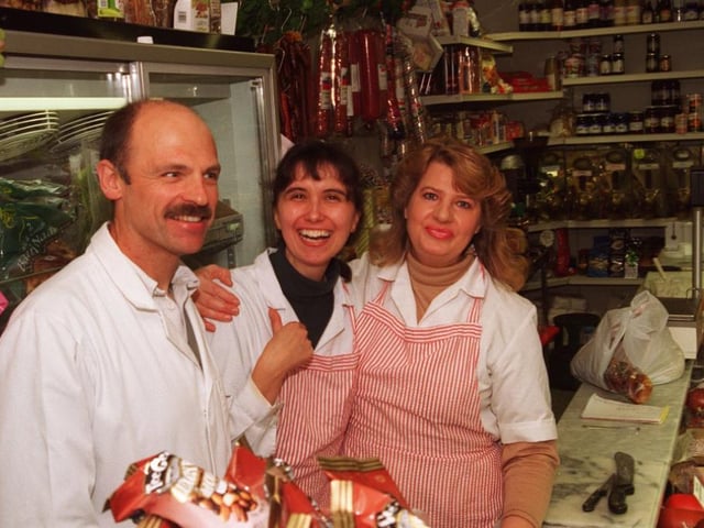 Scicluna Deli at Doncaster Market in 1996, Josie Cooke, owner centre, with assistants Neil and Anna