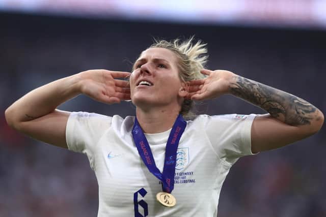 Killamarsh-born England defender Millie Bright celebrates after the Women's Euro 2022 final match between England and Germany at Wembley stadium. (AP Photo/Leila Coker)