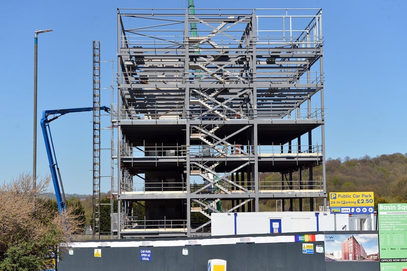 One Waterside Place - the seven-storey office block on the Chesterfield Waterside site off Brimington Road - is expected to be complete by September.
