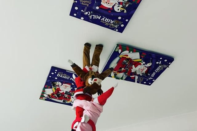 Maria Sutton suggested her  "oh what a feeling, when your chocolates on the ceiling" elves.