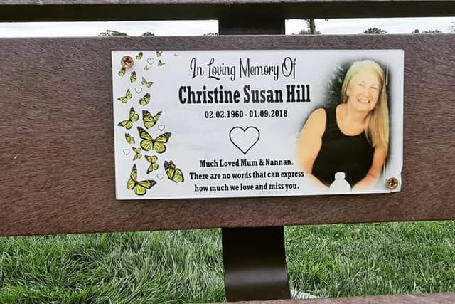 The plaque dedicated to Christine Hill which was removed by Sheffield Council from her memorial bench in Graves Park, Woodseats, without Christine's family being notified