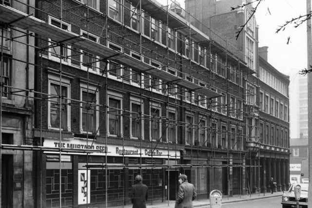 The Mappin Buildings and The Mustard Seed restaurant and coffee bar, on Norfolk Street, in Sheffield city centre, in 1972