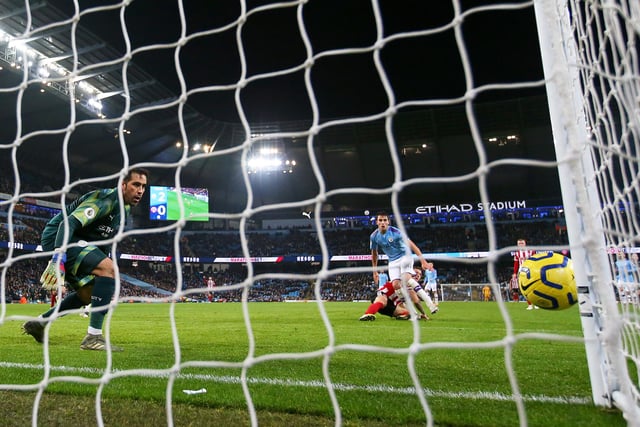 Billy Sharp goes agonisingly close to scoring past Manchester City goalkeeper Claudio Bravo as his header hits the post during United's 2-0 defeat at the Etihad Stadium in December. The loss was Chris Wilder's side's first on their travels since January 2019.