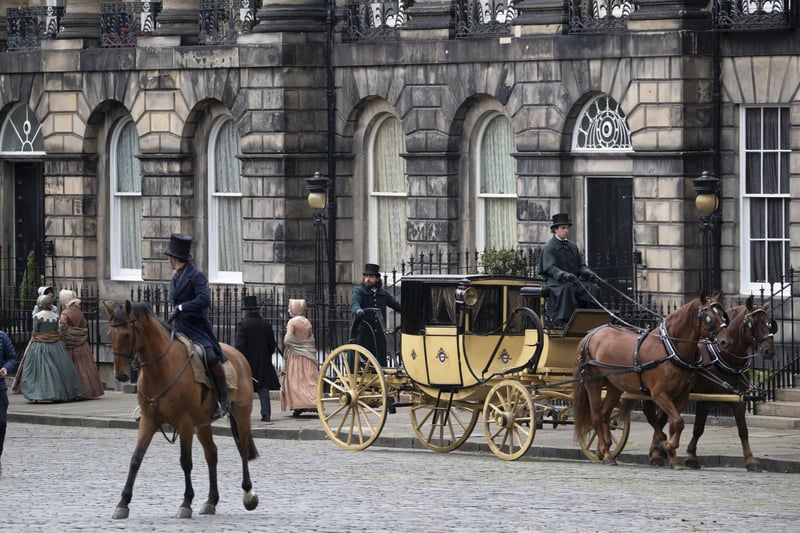 Upmarket Moray Place in the western fringes of Edinburgh's New Town is a firm favourite among filmmakers. Pictured we can see a scene being filmed for Julian Fellowes' 2020 period drama 'Belgravia'.