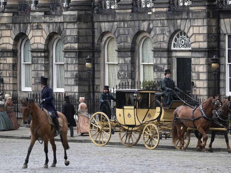 Upmarket Moray Place in the western fringes of Edinburgh's New Town is a firm favourite among filmmakers. Pictured we can see a scene being filmed for Julian Fellowes' 2020 period drama 'Belgravia'.