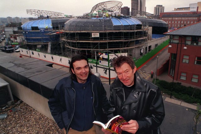 Pictured at the launch of  a Rock and Roll guide book from left co-author Tim Perry with Sheffield's 60'srock legend Dave Berry with in the background the National Centre for Popular Music which in under construction and will be finished in 1999.. See story Emma Murphy
