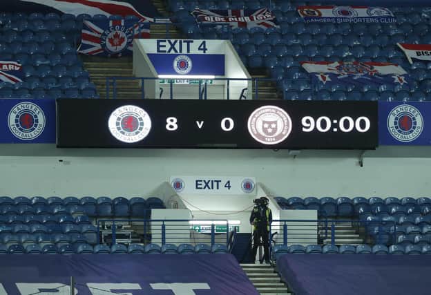 Final scoreboard from Rangers' 8-0 win over HAmilton on November 8, 2020 (Photo by Ian MacNicol/Getty Images)