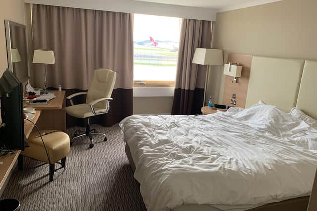 Tom's hotel room overlooking a Heathrow Airport runway.