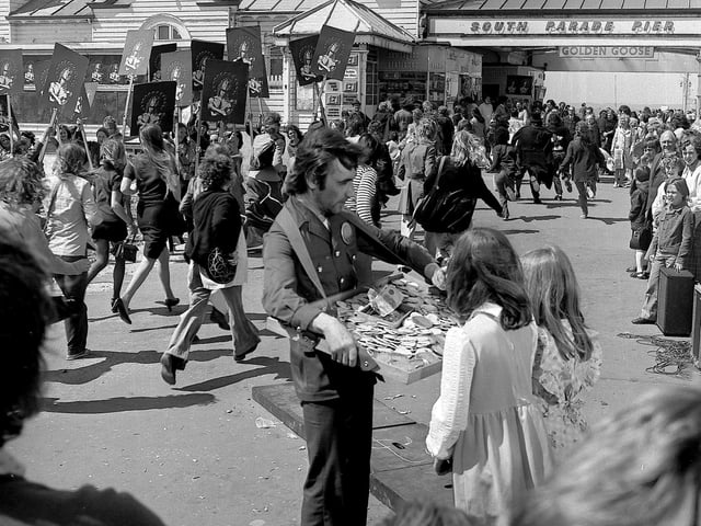 Extras being filmed outside South Parade Pier for the Ken Russell/Who film 'Tommy'