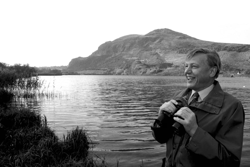 Natural history documentary maker David Attenborough at Duddingston Loch in Edinburgh, promoting wildlife reserves in Scotland in November 1985.
