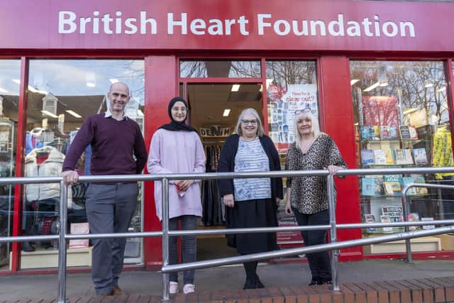 British Heart Foundation shop on Ecclesall Road. L-R Area Manager Mick Parkin, Aya Zaggoti Majdaoui, Sue Land and Carol Mappin. Picture Scott Merrylees