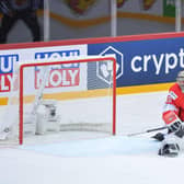Liam Kirk scores against the Swiss. Pic Dean Woolley
