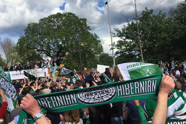 The victory parade and open-top bus reaches Leith Links where, somehow, there are thousands more Hibees