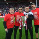 (From left to right) Sheffield United's Stuart McCall, Jack Lester, Paul Heckingbottom and Matt Duke celebrate promotion: Simon Bellis / Sportimage