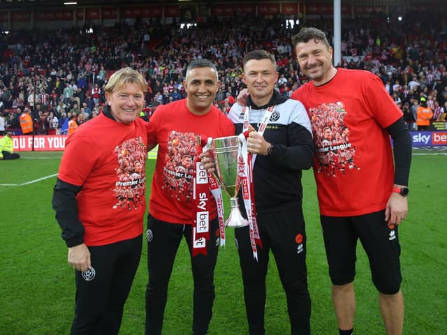 (From left to right) Sheffield United's Stuart McCall, Jack Lester, Paul Heckingbottom and Matt Duke celebrate promotion: Simon Bellis / Sportimage