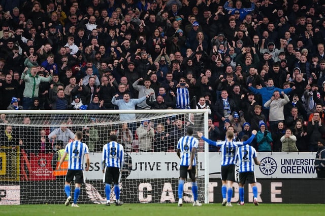 Sheffield Wednesday players celebrate with fans after the Sky Bet League One match at The Valley. Zac Goodwin/PA Wire.