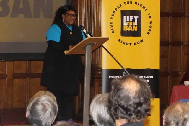 Asylum seeker May Oshualale speaks at the  launch the Lift the Ban Coalition campaign at Sheffield Town Hall. Picture: Lift the Ban