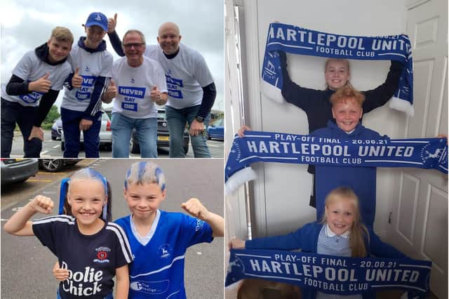 Fans show their support for Hartlepool United in blue and white.