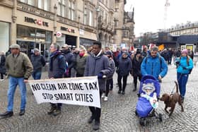 Angry protesters marched through Sheffield today after a rally against controversial plans for a Sheffied clean air zone. PIcture shows the march on Fargate
