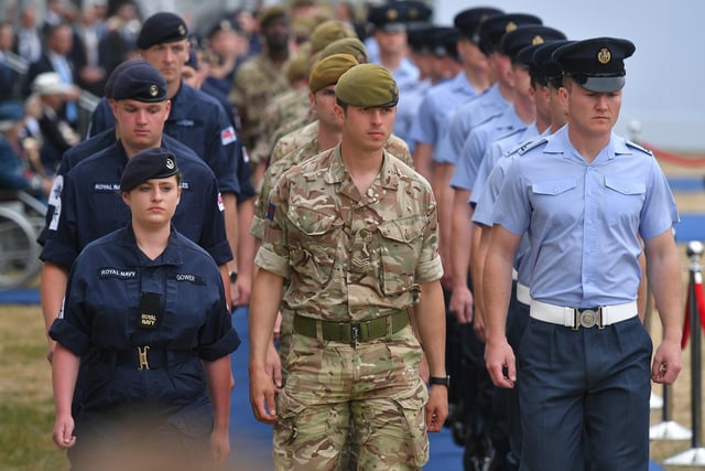 Members of the British Navy, Army and Royal Air Force (RAF) take part in an event to commemorate the 75th anniversary of the D-Day landings, in Portsmouth. Picture: MANDEL NGAN/AFP/Getty Images