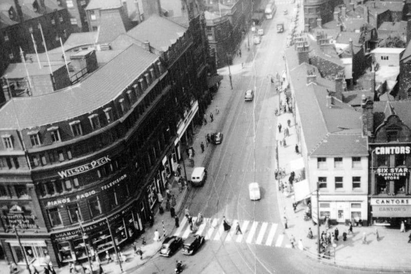 A view from the Town Hall clock of Leopold Street, corner with Fargate, 1950s. Ref no U03939