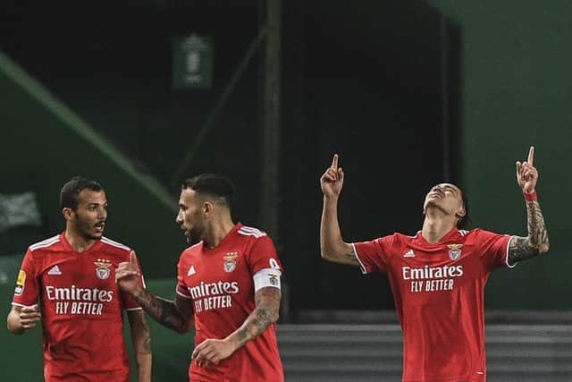Benfica's Uruguayan forward Darwin Nunez (R) celebrates with his teammates - the former Sheffield United target is now wanted by Liverpool and Manchester United (PATRICIA DE MELO MOREIRA/AFP via Getty Images)