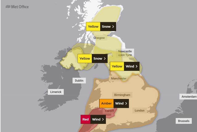 The Met Office has issued severe weather warnings to large parts of the England, with high speed winds now posing a threat to life and likely damage to buildings. Map by The Met Office.