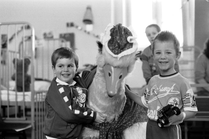Stars from Mother Goose pantomime visited children staying in the Royal Hospital for Sick Children over Christmas 1988.