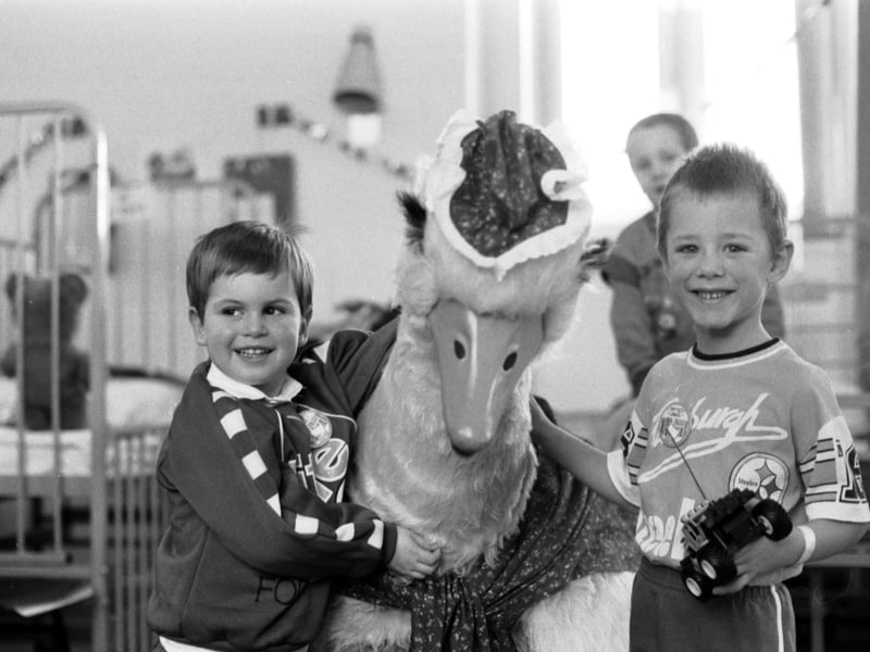 Stars from Mother Goose pantomime visited children staying in the Royal Hospital for Sick Children over Christmas 1988.