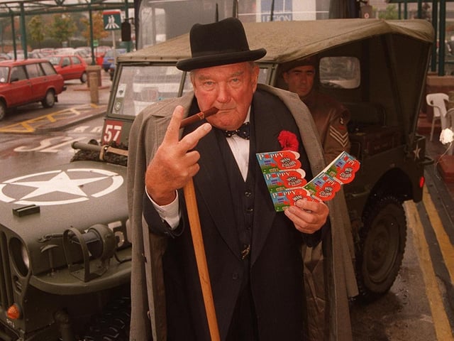 Pictured at Safeway Ecclesall Road, Sheffield, where Winston Churchill look-alike actor John Evans arrived in a WWll jeep to launch the Poppy scratch card appeal in October 1997