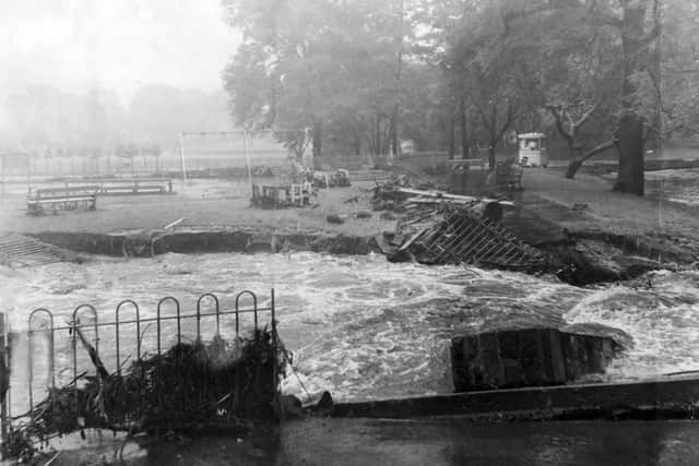 Damage caused by the flood torrents in Millhouses Park - picture shows the remains of a bridge which spanned the river before the deluge - 2nd July 1958

Sheffield flood