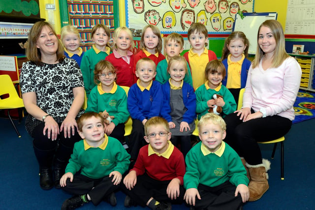 The new reception class pupils at Rothbury First School with Nicki Mathewson and Louise Whaley.